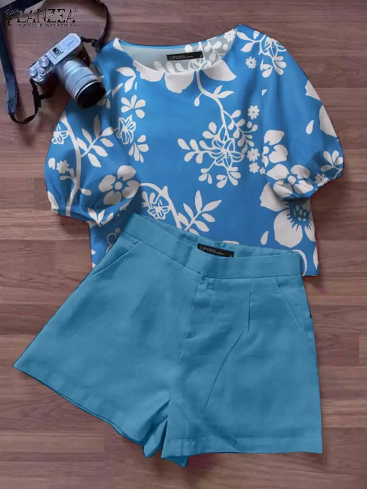 Комплект ZANZEA женский из 2 предметов модная блузка с коротким рукавом и цветочным