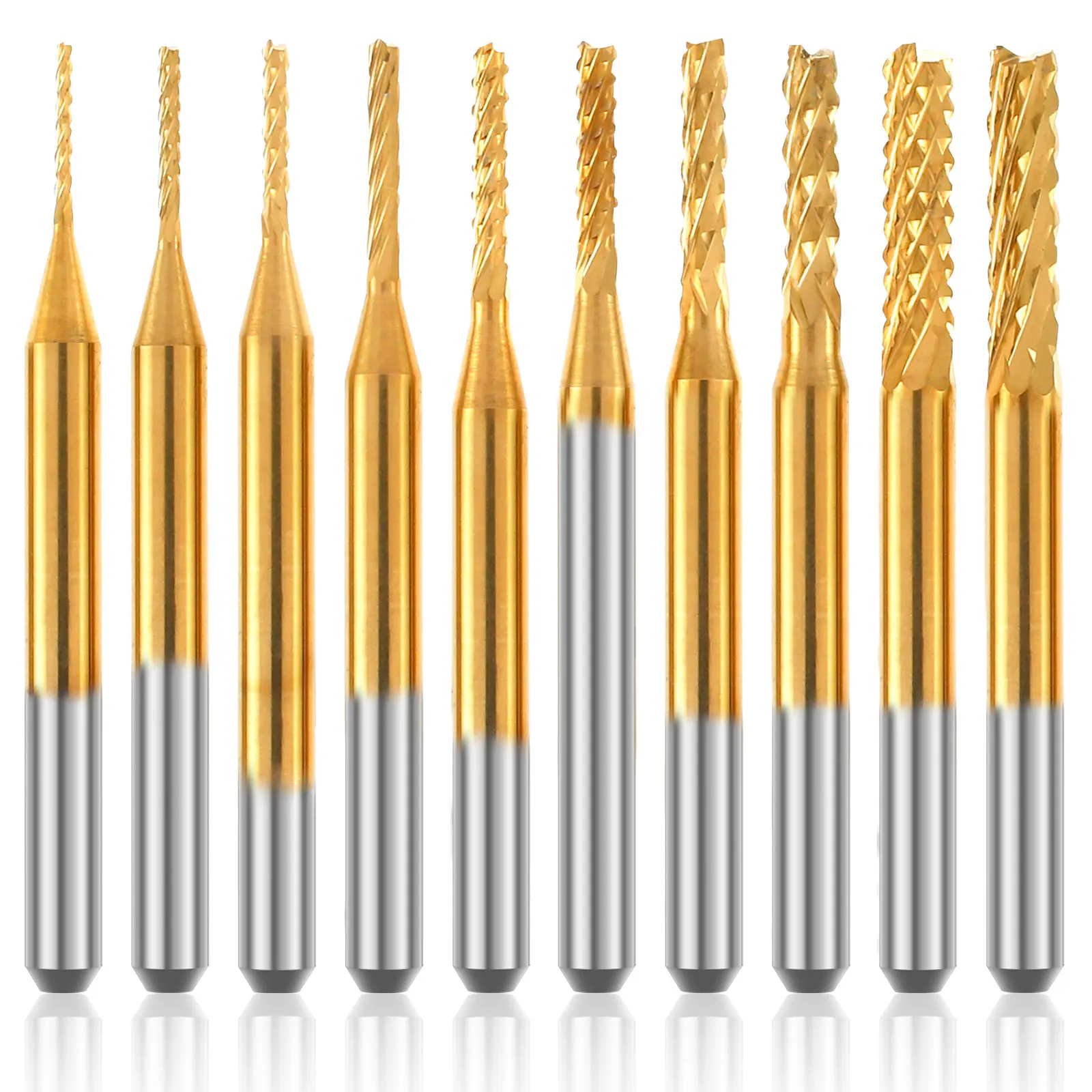 

10Pcs End Mill Bits Set Titanium Coated Tungsten Steel 0.8-3.175MM Milling Cutter Set Sharp Wear Resistant Router Bit Set for
