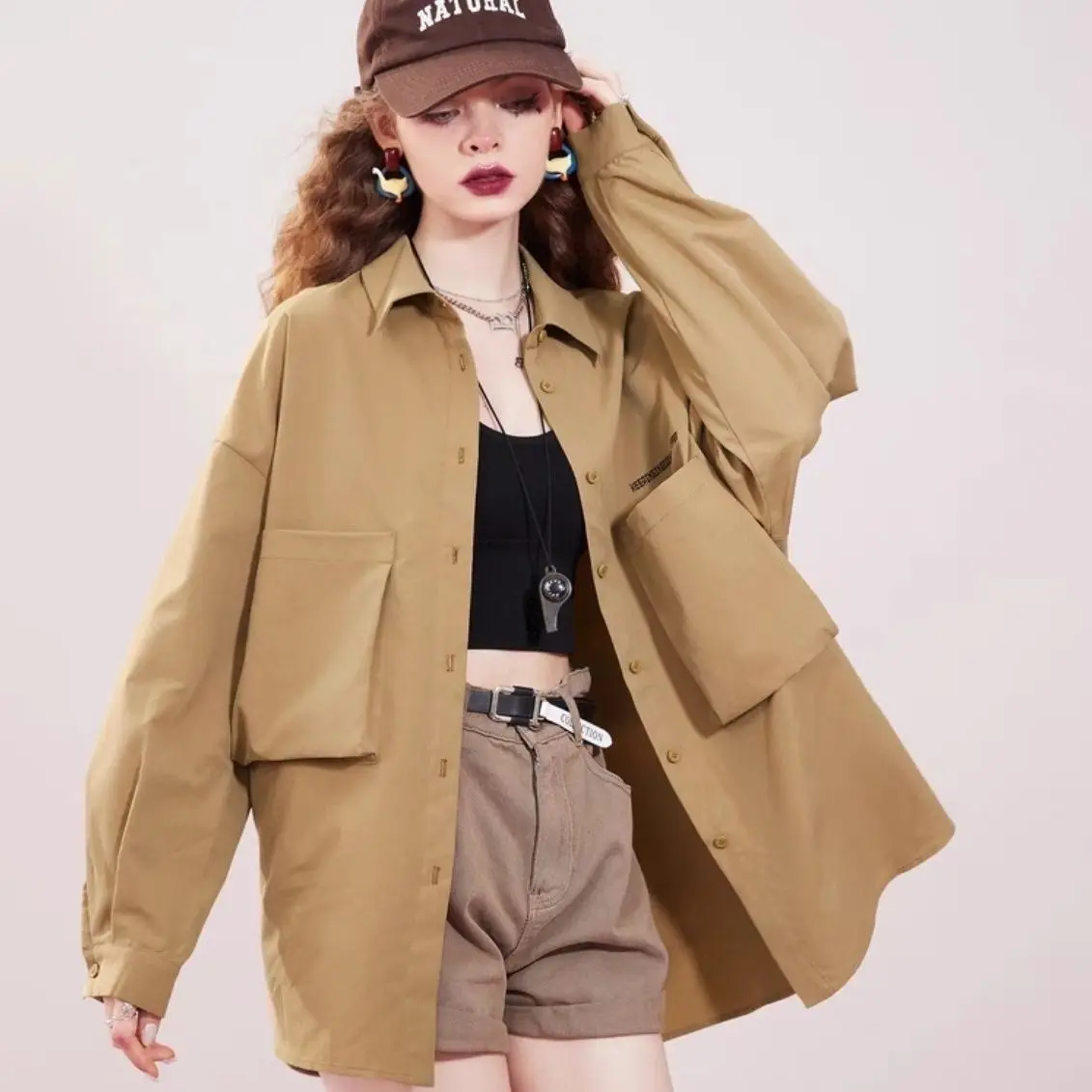 

2023 Autumn New Long Sleeve Shirts Coats Vintage Cargo Women Fashion Blouses Tops Trench Korean Style Outerwear Pockets Coffee