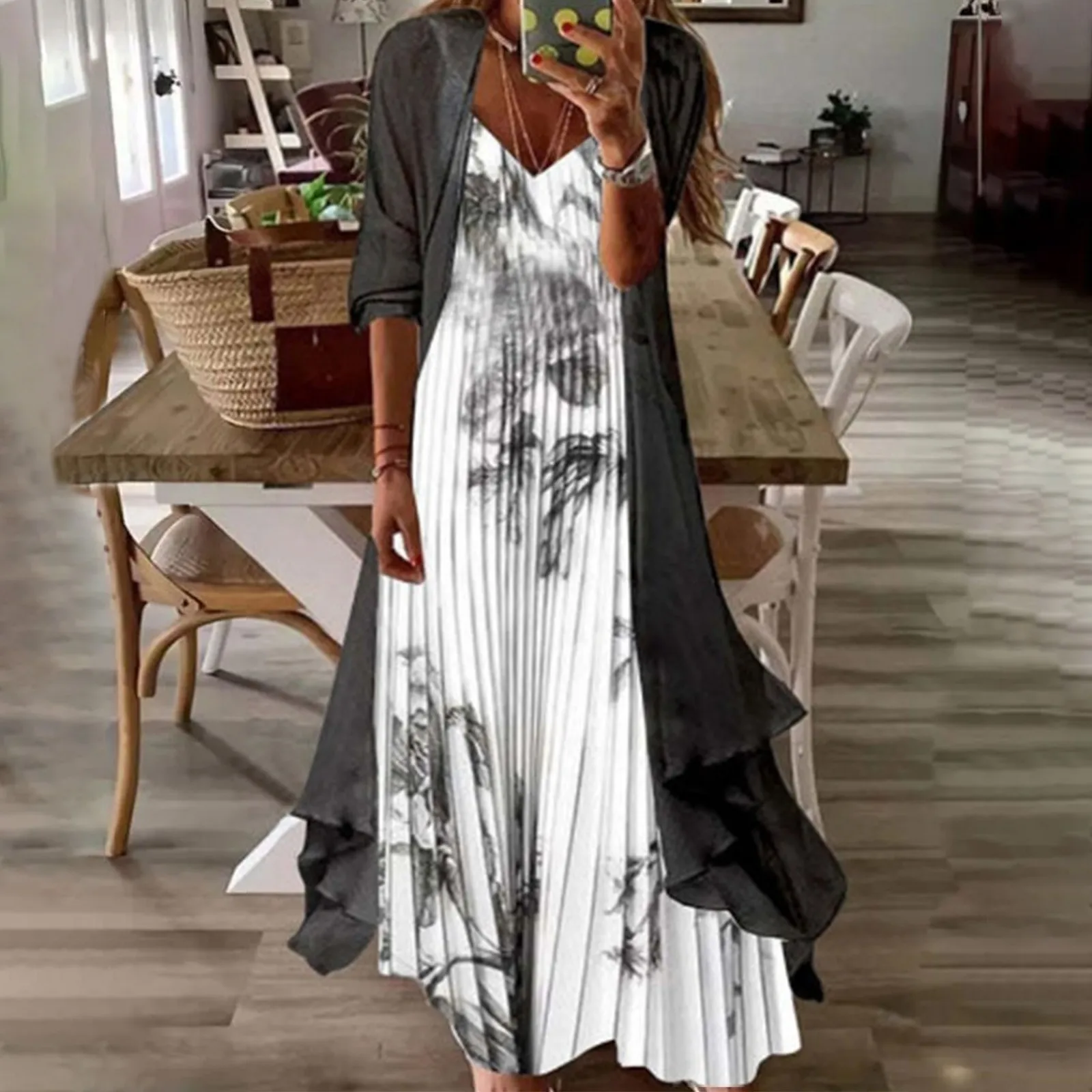 

Women Vintage Floral Sleeveless Dress 2 Piece Set Womens Chiffon Beach Midi Dress With Cardigan Suit Cute Summer Outfits