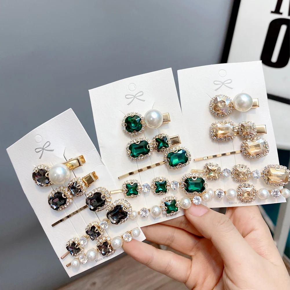 

Ins Style Vintage Green Pearl Barrettes Women Girls Elegant Crystal Hair Clips Geometric Rhinestone Hairpin Hair Accessories