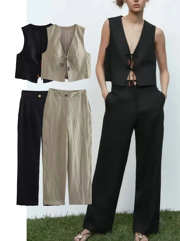 

TRAF 2023 Women Pants Vest Pants Sets New Chic Vest Tops+Straight Pants Women Suit Woman 2 Piece Set Womens Outfits