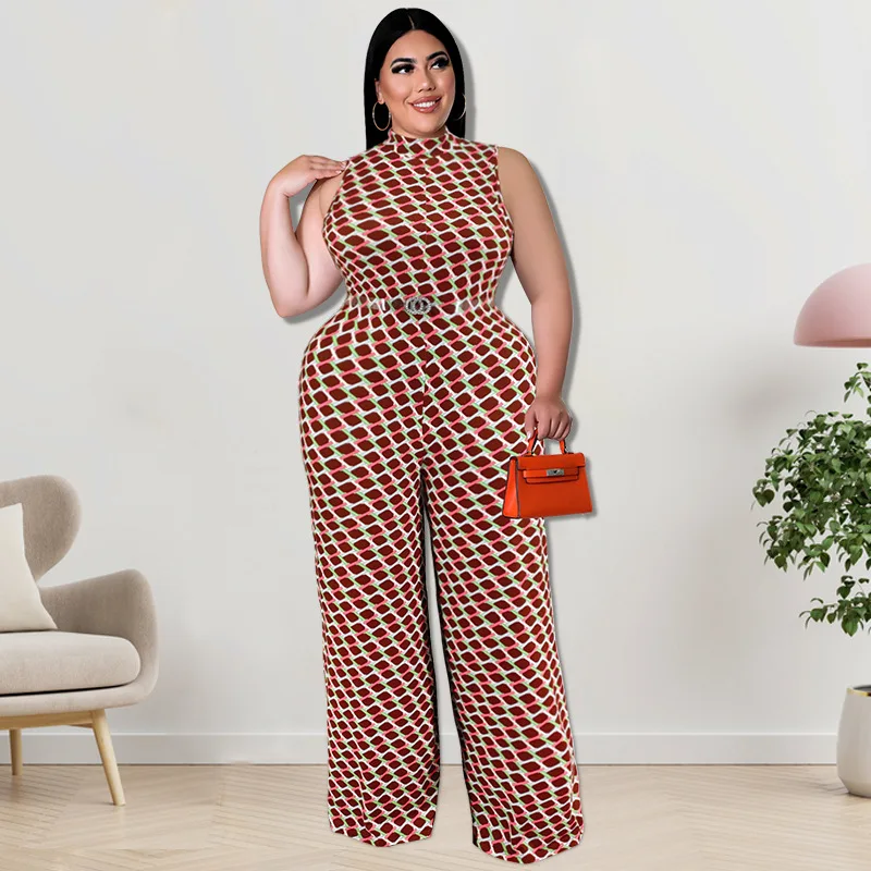 Plus Size One Piece Women Clothing Plaid Sleeveless Belt Casual Outfit Lady Wide Leg Pants 2023 Spring Female Fashion Jumpsuit