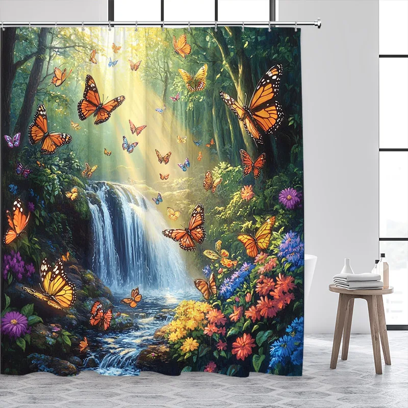 Forest Butterfly Shower Curtains Flowers Green Plants Butterflies Nature Waterfall Bath Curtain Fabric Bathroom Decor with Hooks
