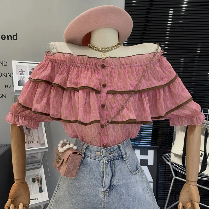 

New in Women's Clothing 2023 Summer High-quality Chiffon Shirt Off Shoulder Ruffled Short Sleeve top blouses