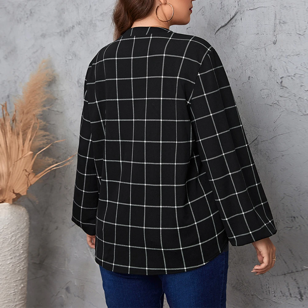 

Retro Plaid Top Blouse Long Sleeve Loose Shirt Plus Size V Neck Tops Vintage Women Plaid Blouse Women's Clothing