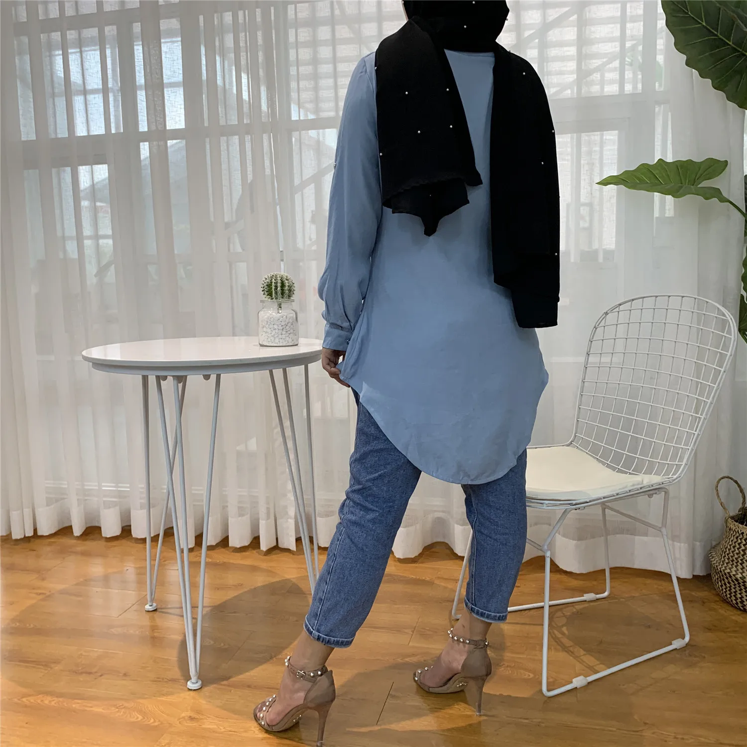 Muslim Dress Fashion Middle East Duabi Abaya Turkey Robe Women Lapel Long Sleeve Embroidery Slim Denim Tops