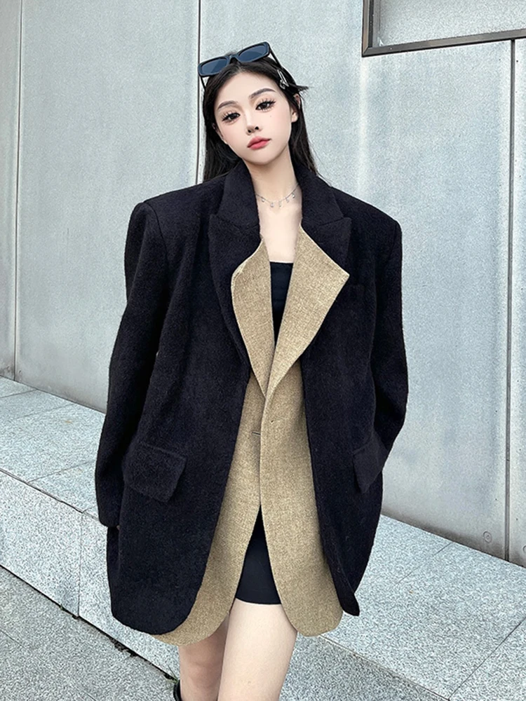 BZVW черный толстый шерстяной пиджак для женщин индивидуальный контрастного цвета