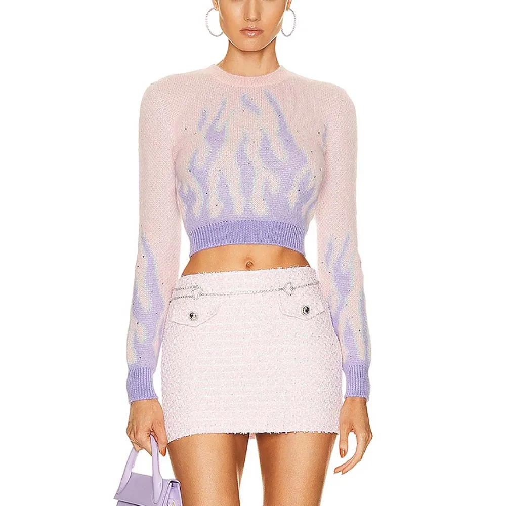 

Women's Sweater 2023 Fall & Winter New Y2k Heavy Diamante Mohair Flame Printed Knit Top Fashion Round Neck Long Sleeve Pullover