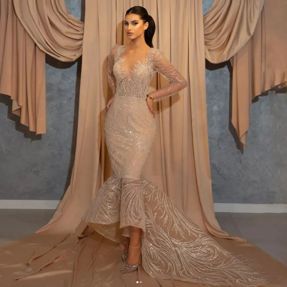 

Modest Lace Beaded Prom Dresses Customize Arabic Dubai Women Formal Dress robes de soirée Mermaid Special Occasion Gowns 2022