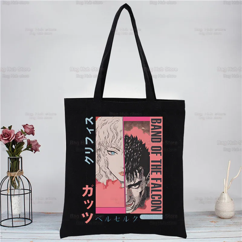 

Berserk Guts Shopping Black Canvas Tote Bag Reusable Griffith Anime Cloth Bag Handbag Swordsman Japanese Manga Shoulder Bags