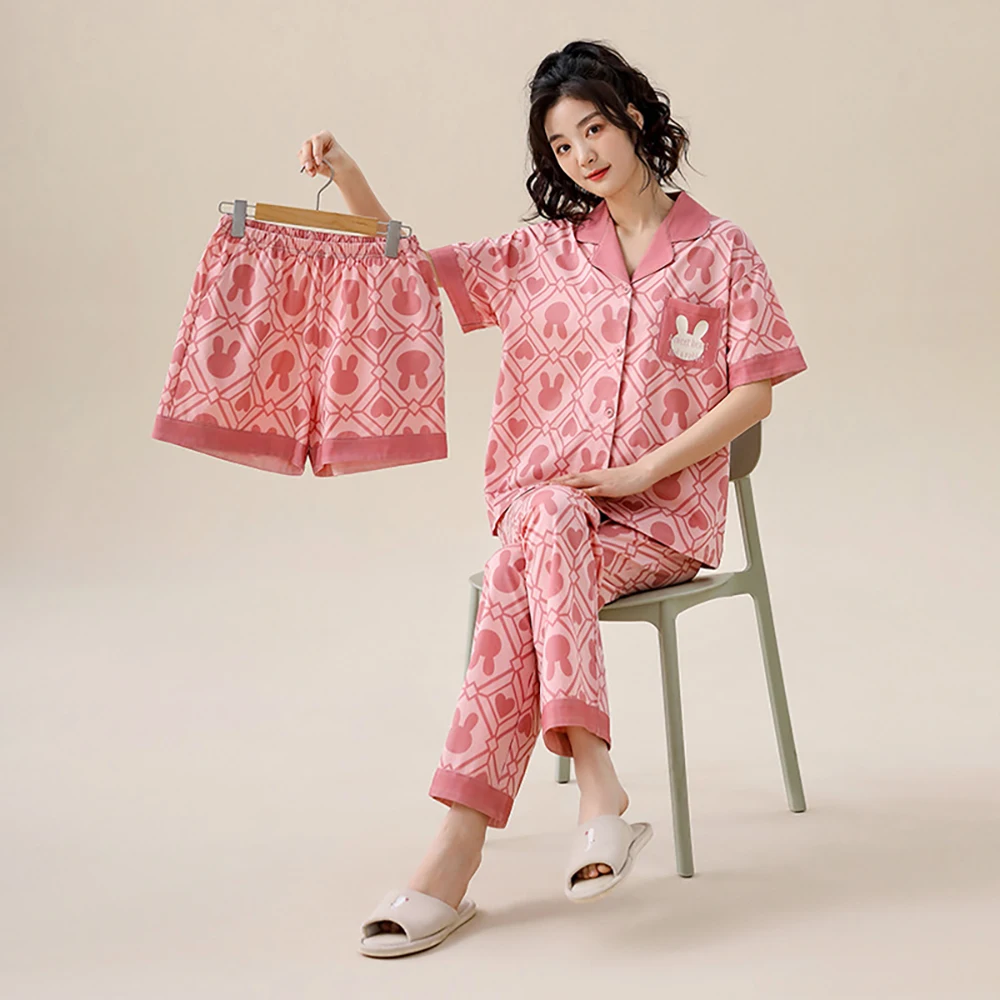3Pcs Women's Summer Cotton Suit Casual Thin Short Sleeve Sleepwear+Fashion Print Pajamas Pants+Elastic Shorts Soft pijama mujer
