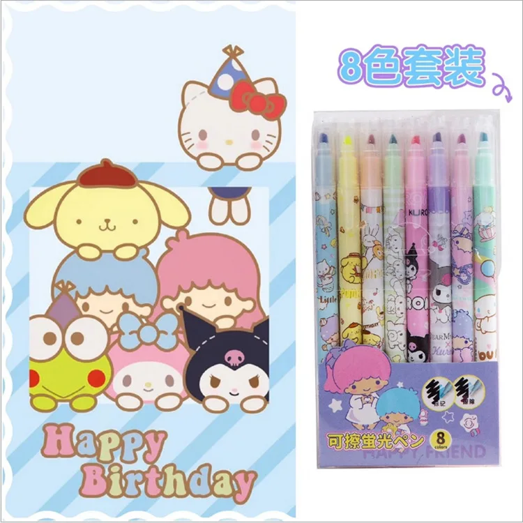 

8Pcs Sanrio Pens Cinnamoroll Kuromi Mymelody Kawaii Double-Headed Erasable Highlighter Marker Pen Stationery School Supplies