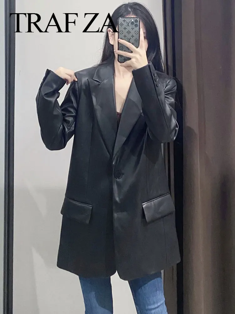 TRAF ZA Women's Fashion Pu Leather Jacket Solid Vintage Long Sleeve Blazer Coats Pocket Casual Loose Chic Female Streetwear