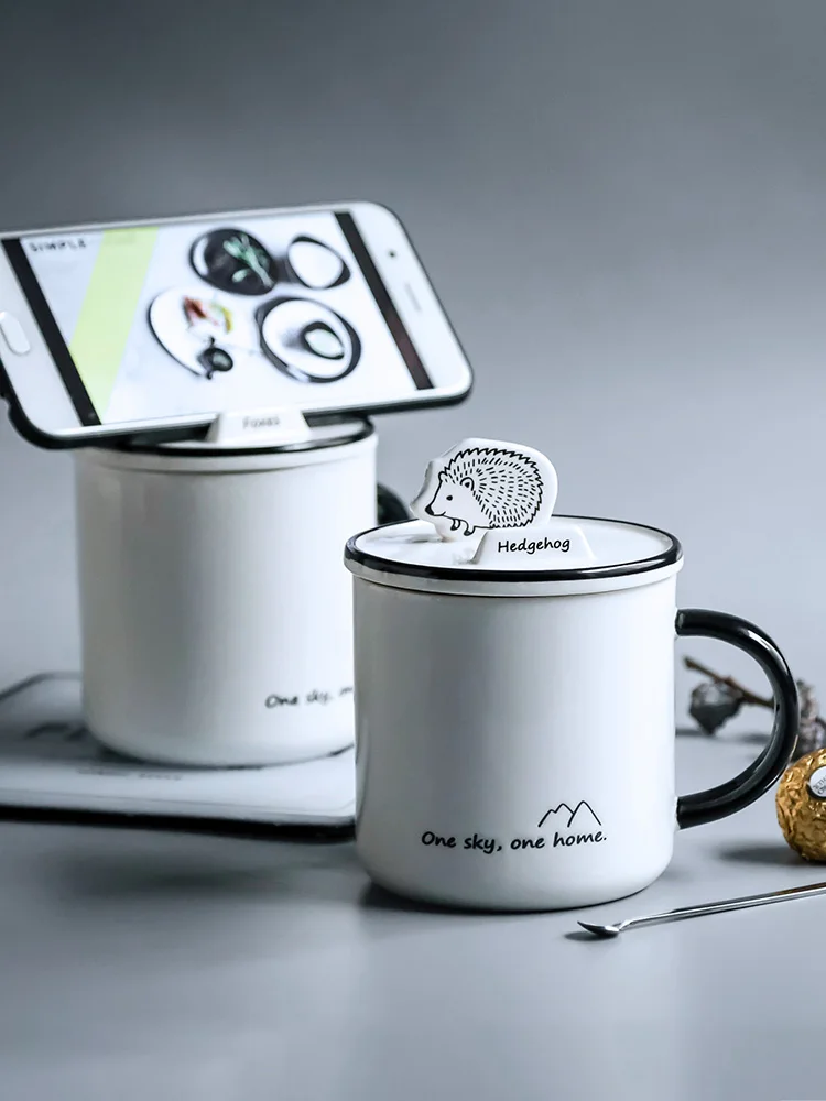 

Mobile phone creative mug with lid spoon cartoon Ceramic Cup Home Office water cup coffee cup coffee mug