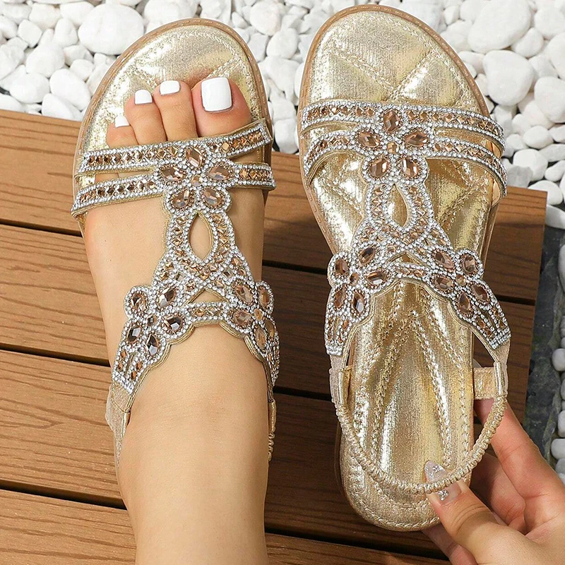 

Women Hollow Sandal Glamorous Rhinestone Decor Glamorous Sandals 2023 New Ankle Strap Summer Outdoor Slippers Casual Woman Shoes