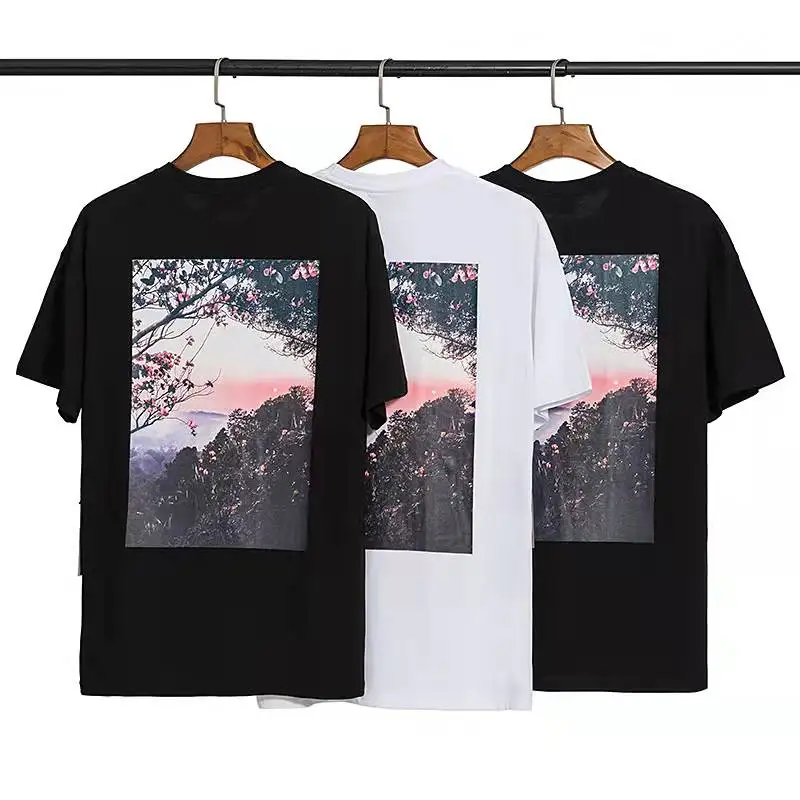 

Fashion Street Style New Double Line ESSENTIALS Forest Cloud Sea Sunset Flower Premium Cotton Short Sleeve T-Shirt 932#