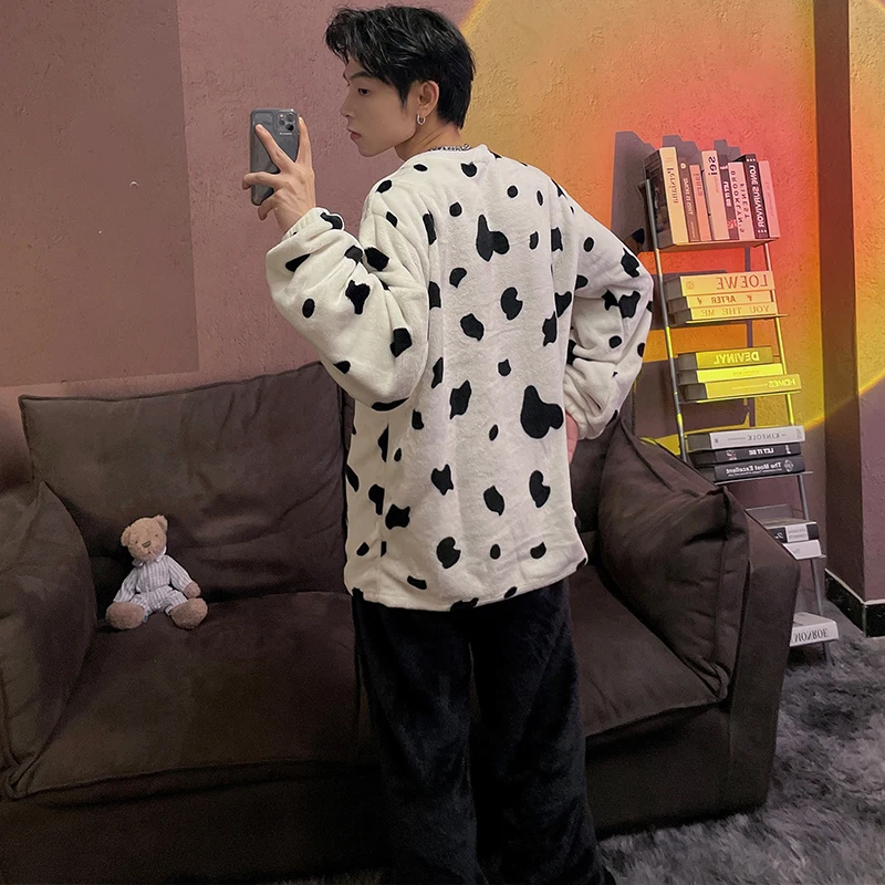 QUHENG Winter Flannel Men Cute Pajamas Thick Couple Sleepwear 2022 New Women Pajama Set Cartoon Coral Fleece Chic Home Clothing