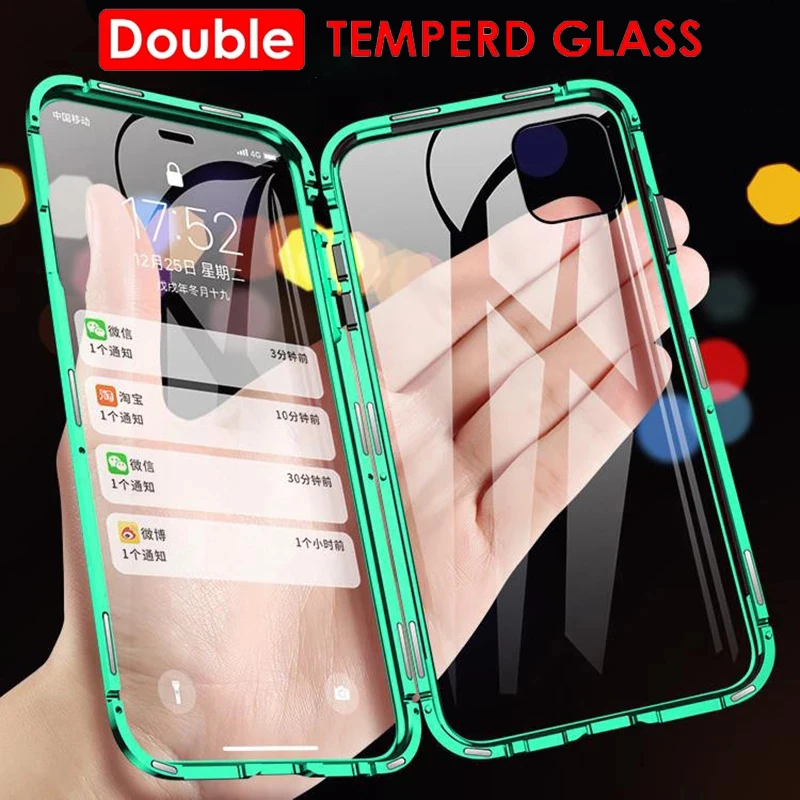 360 Full Protection Metal Magnetic Adsorption Case For iphone 13 12 11 Pro XS Max Double Sided Glass Case For 8 7 6 S Plus X XR