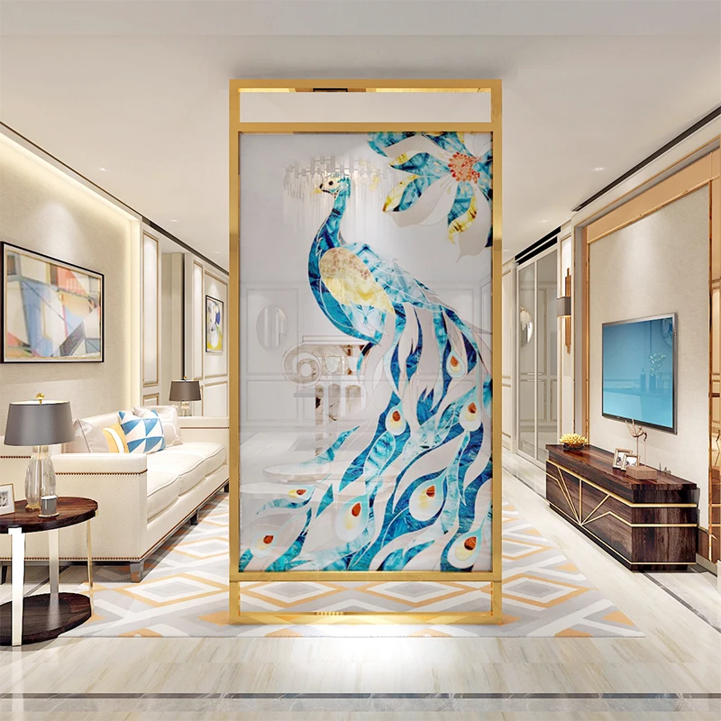 

European modern metal minimalist art partition living room dining room entrance abstract peacock fabric translucent screen