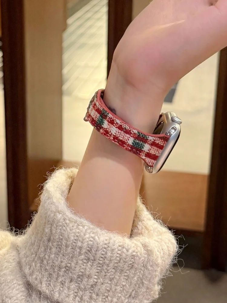 Шерстяной кожаный ремешок в стиле ретро для iWatch Ultra 11 10 9 8 7 6 5 Se 4 Рождественский ремешок для Apple Watch 40 мм 41 мм 42 мм 44 45 мм 46 мм 49 мм (art.: 3920d3be2e2b5) - 3920d3be2e2b5