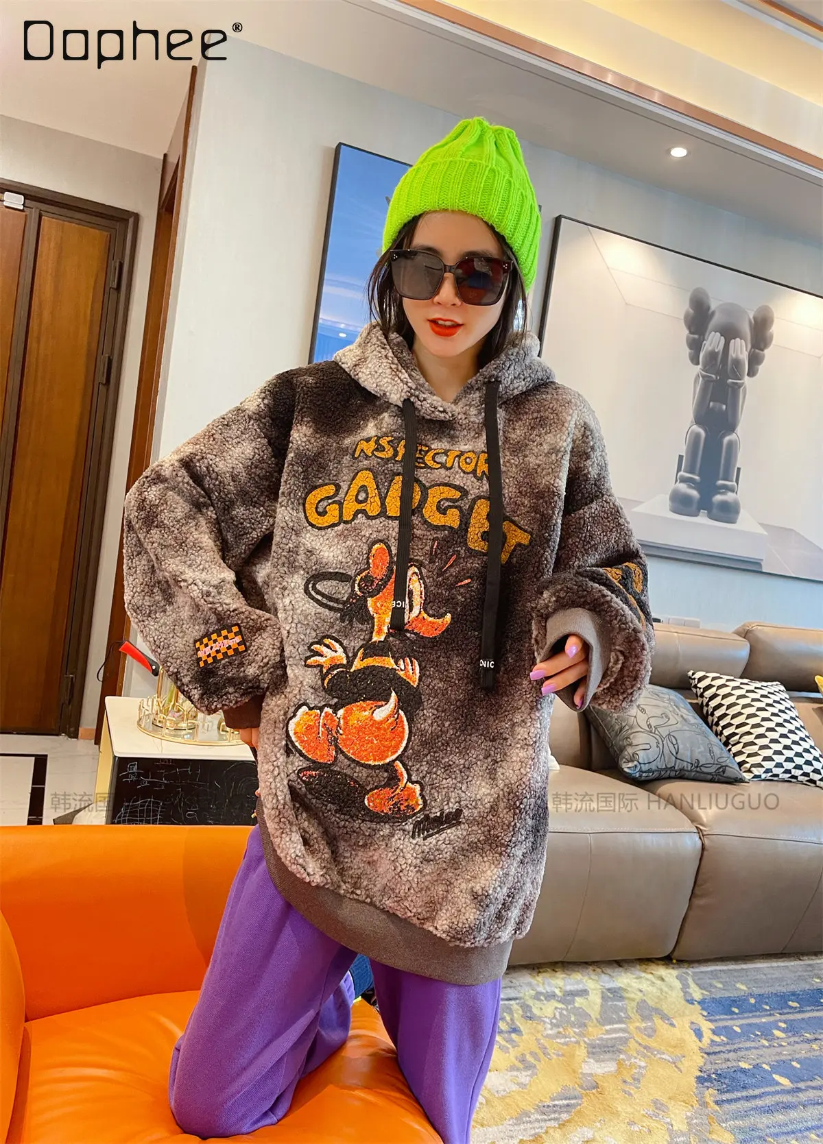 Fashionable Loose Casual Letter Print Cartoon Hooded Pullover Women's Winter Thicken Thermal Mid-Length Berber Fleece Coat Top