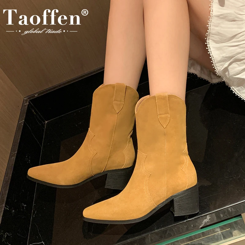

Taoffen New Women Western Boots Real Leather Ins Hot Winter Shoes For Woman Fashion Club Short Boots Ladies Footwear Size 34-39