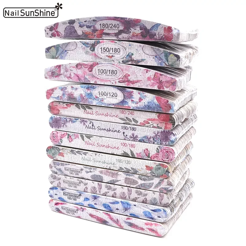 

NEW2023 50 Pcs/Lot Printed Sandpaper Wood Nail File Buffer 100/180/240 Multi Design Wooden unhas Files Washable Strong Thick Nai
