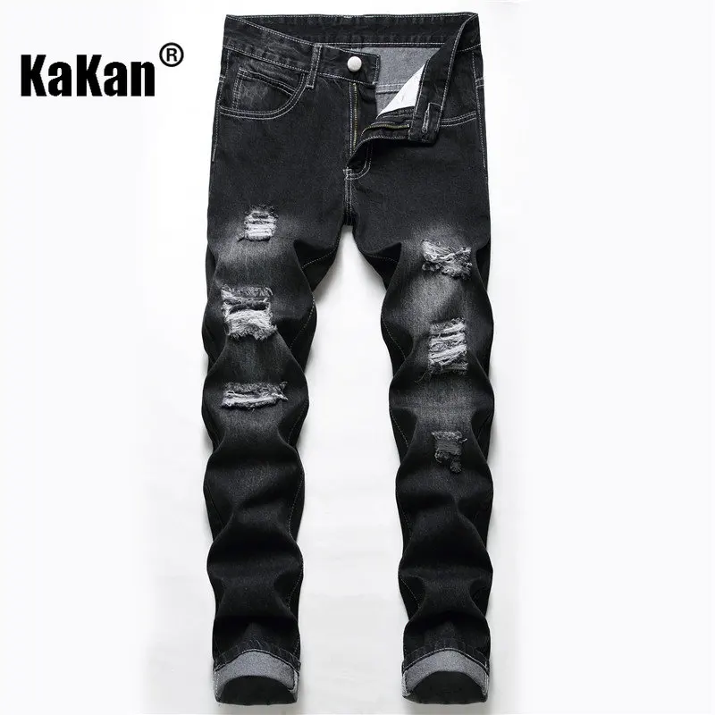 Kakan - New European and American Distressed Jeans for Men, Popular Black Hot Selling Straight Length Jeans for Youth K44-872