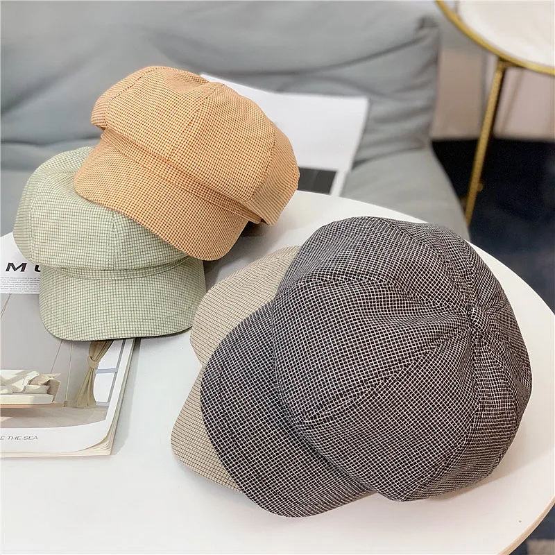 

Women's Hat British Retro Plaid Octagonal Hat Female Spring and Autumn Casual Painter Beret Tucas Retro Plaid Dome Hat