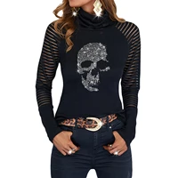 skull printed turtleneck sexy lace patchwork floral ladies tshirt autumn hot drilling gothic women blouses t shirt long sleeve