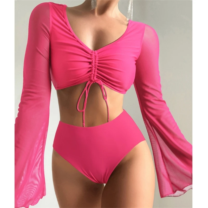 

Womens 2 Piece Long Sleeve Bikini Set Wireless Swimsuits High Waist Bathing Suit