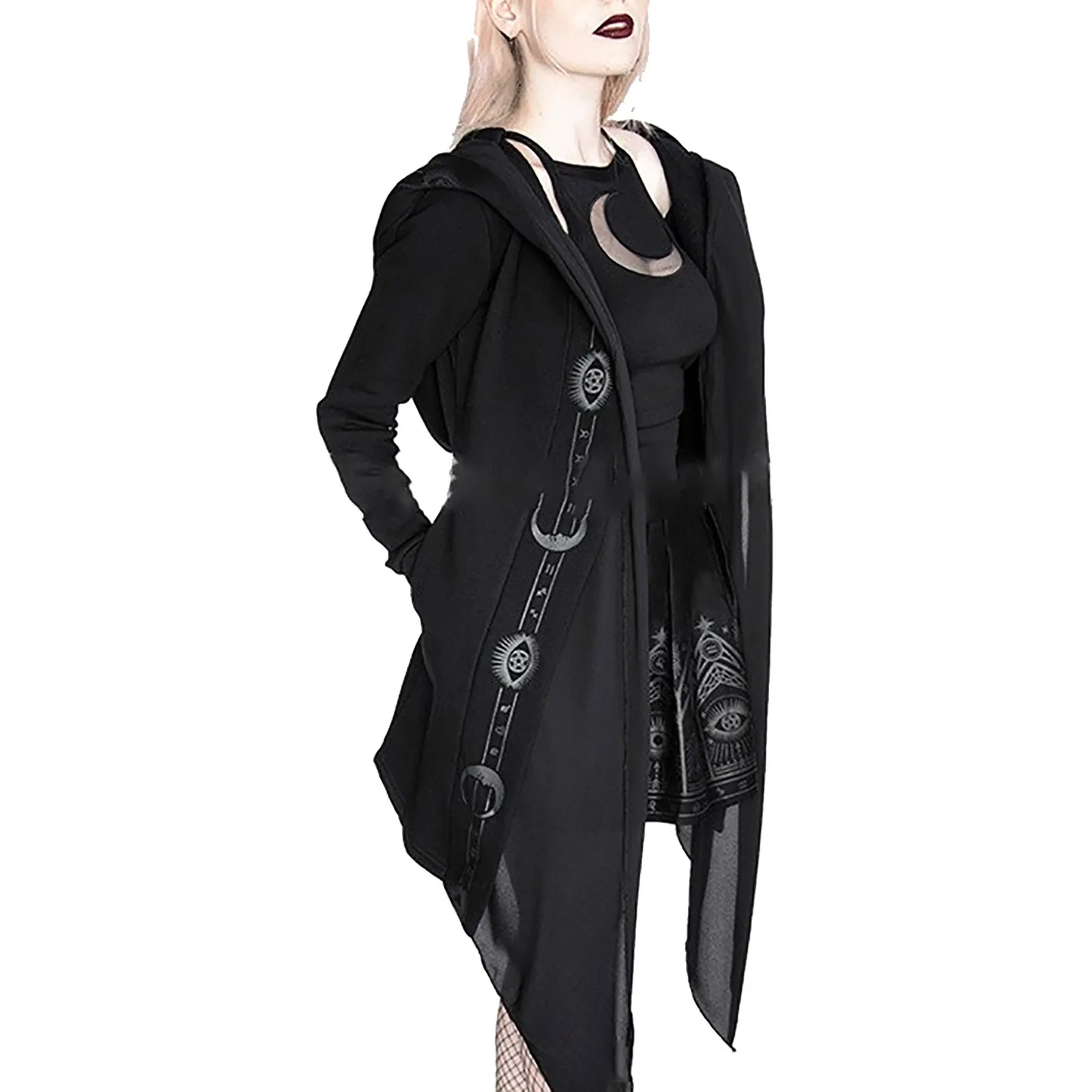 

Женская модная повседневная Асимметричная куртка в стиле панк с капюшоном в готическом стиле длинная панельная Волшебная эстетика Egirl с принтом