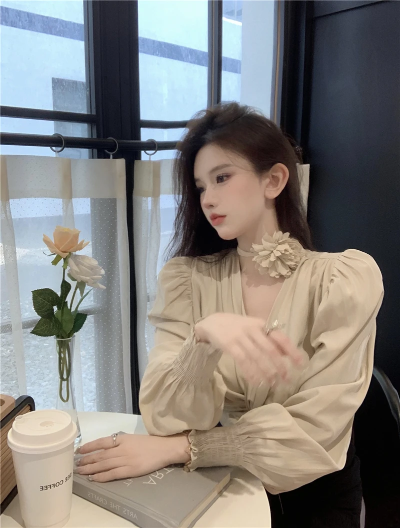 Французские рубашки Socialite Temperament со шнуровкой и v-образным вырезом женские