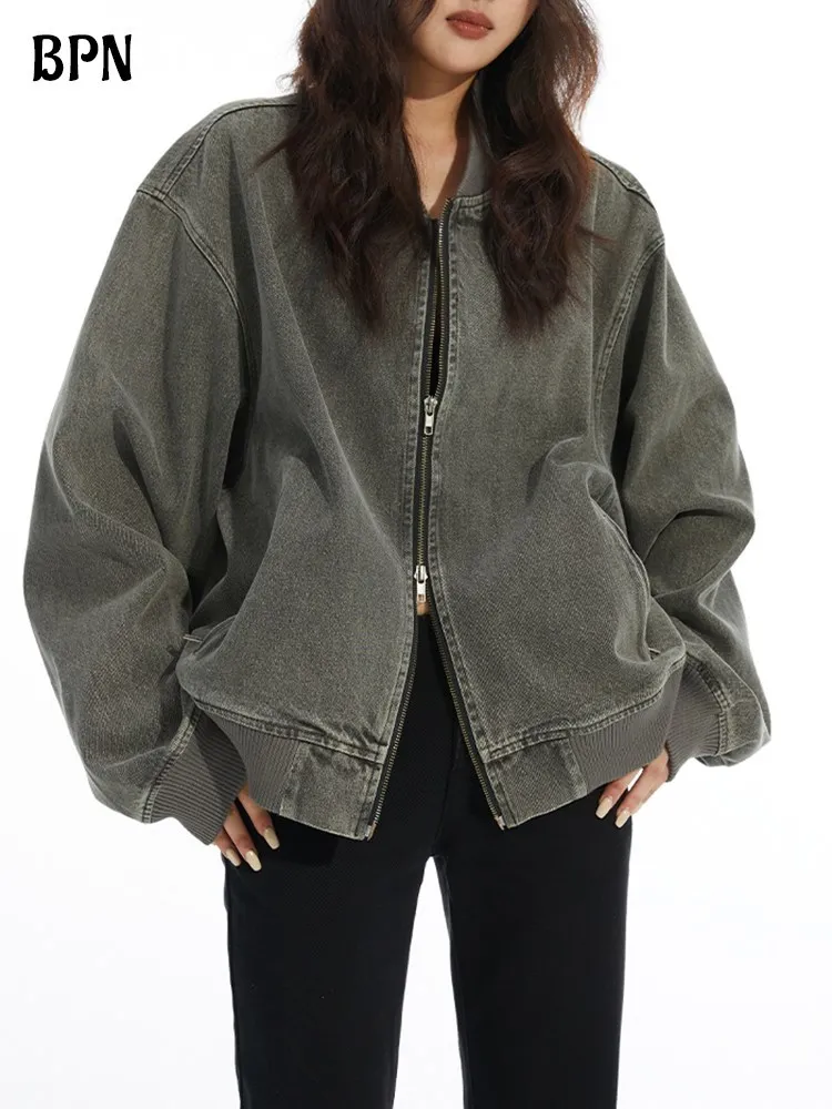 

BPN Minimalist Autumn Denim Jackets For Women Round Neck Long Sleeve Spliced Zipper Vintage Loose Coats Female Fashion Style New