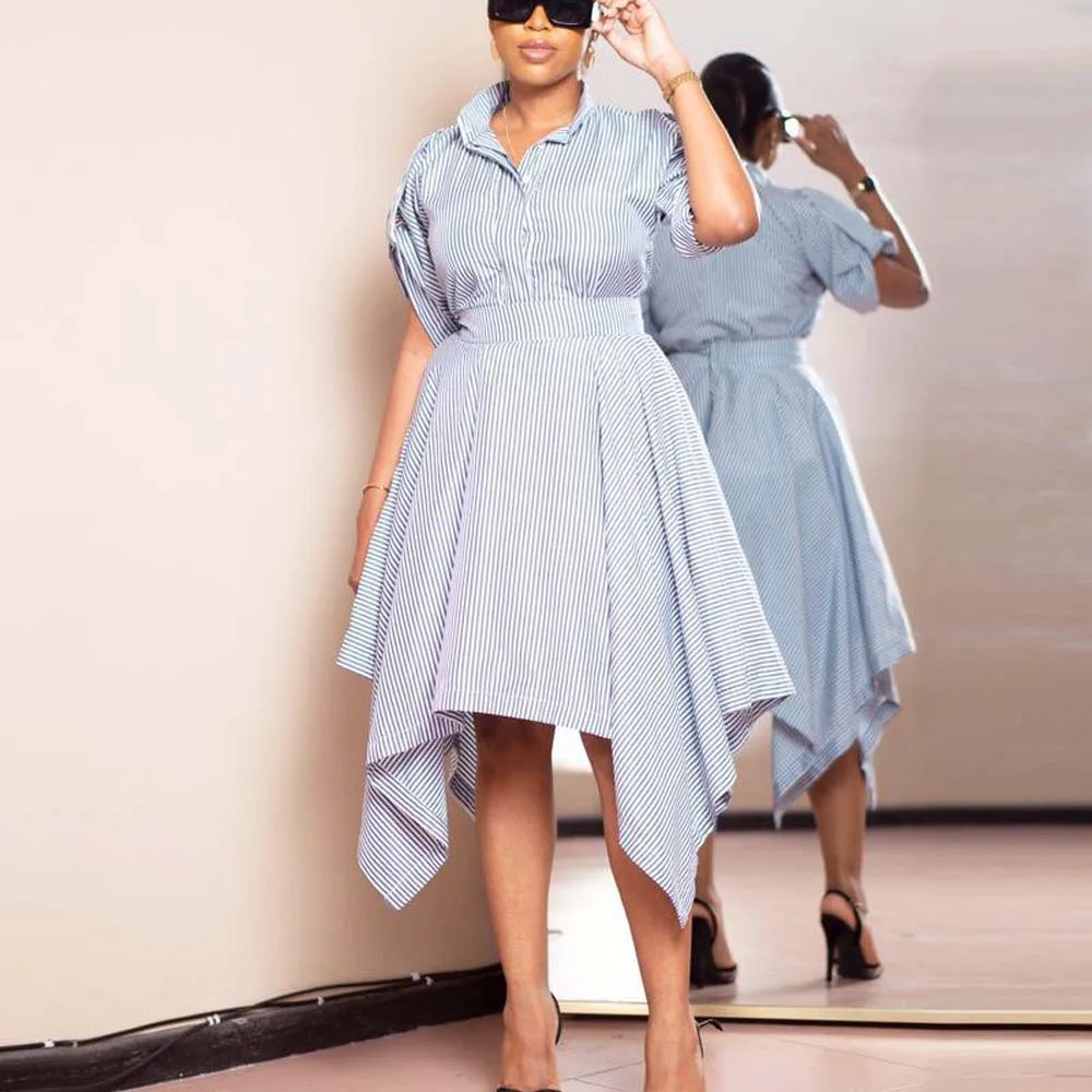 

African Printed Shirt Dress Women Fashion Striped Commuter Shirt Short Sleeve Loose Waist Midi Dress Office Casual Summer 2022