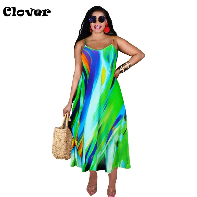 

Летняя одежда Chiclover, женское свободное платье с цветным принтом, с лямкой на шее, женская пляжная одежда, длинные платья с карманами, Прямая п...