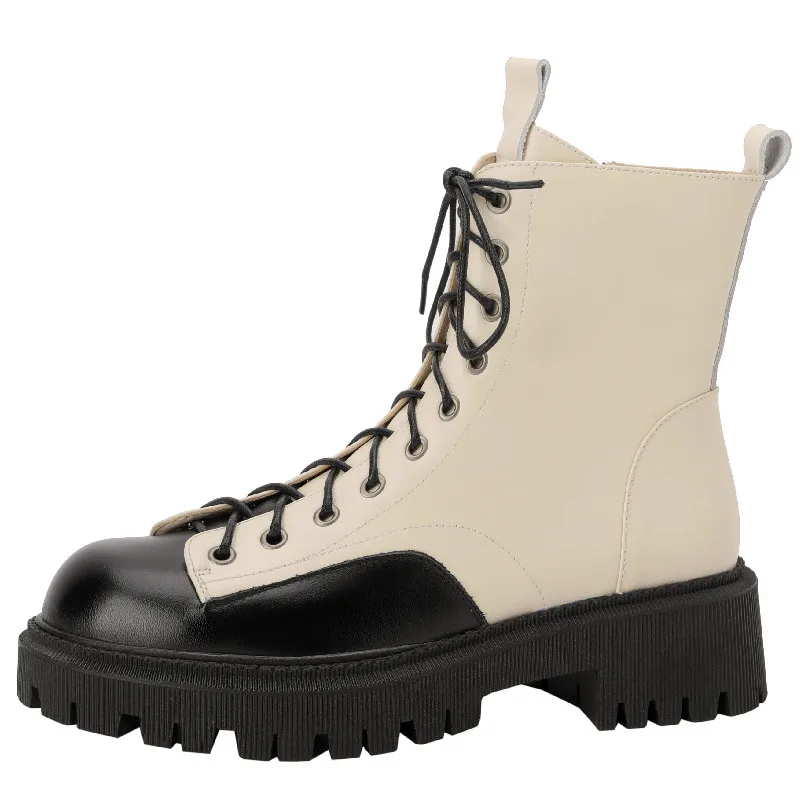 

Dilalula Outdoor Women Ankle Boots Genuine Leather Fashion Cross-Tied Thick Heels Shoes Woman Four Season Motorcycle Boots