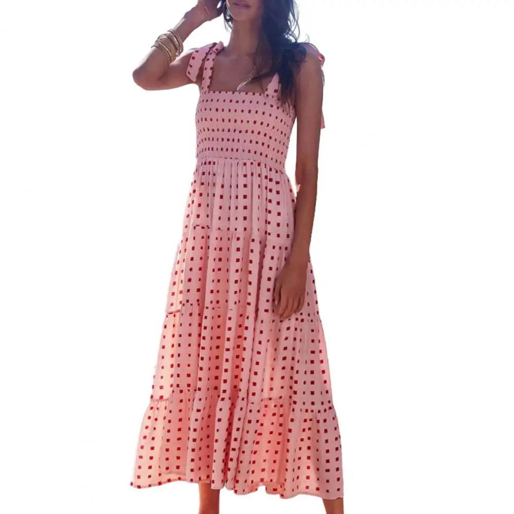 

Pretty Suspender Dress Large Hem Breathable Printed Sleeveless Long Dress Polyester Beach Dress Beachwear