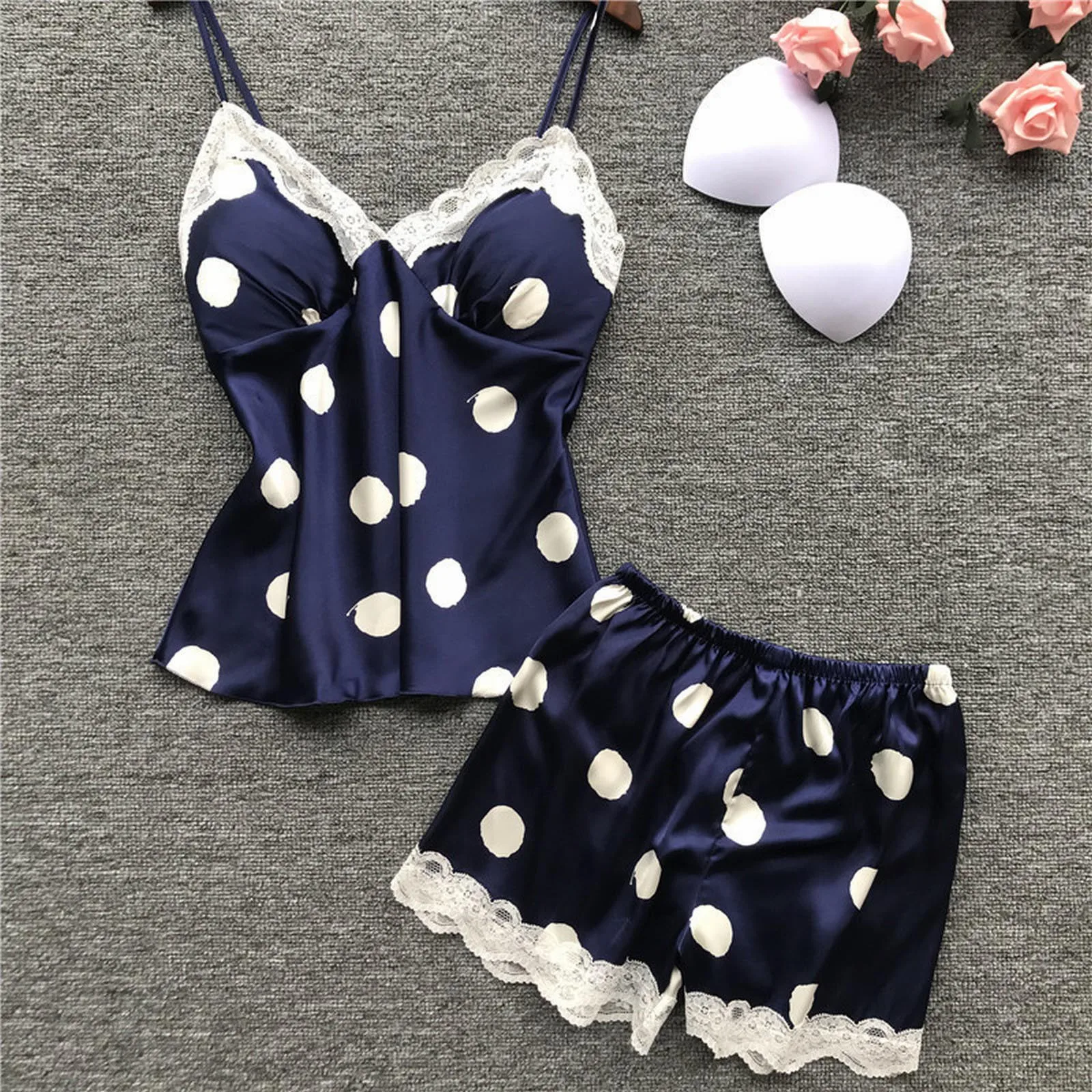 

Women Pajamas Silk Polka Dots Sleepwear Two Piece Lace V-neck Cami Top Short Set Suit Nightdress Summer Pajama Pyjamas Nightwear