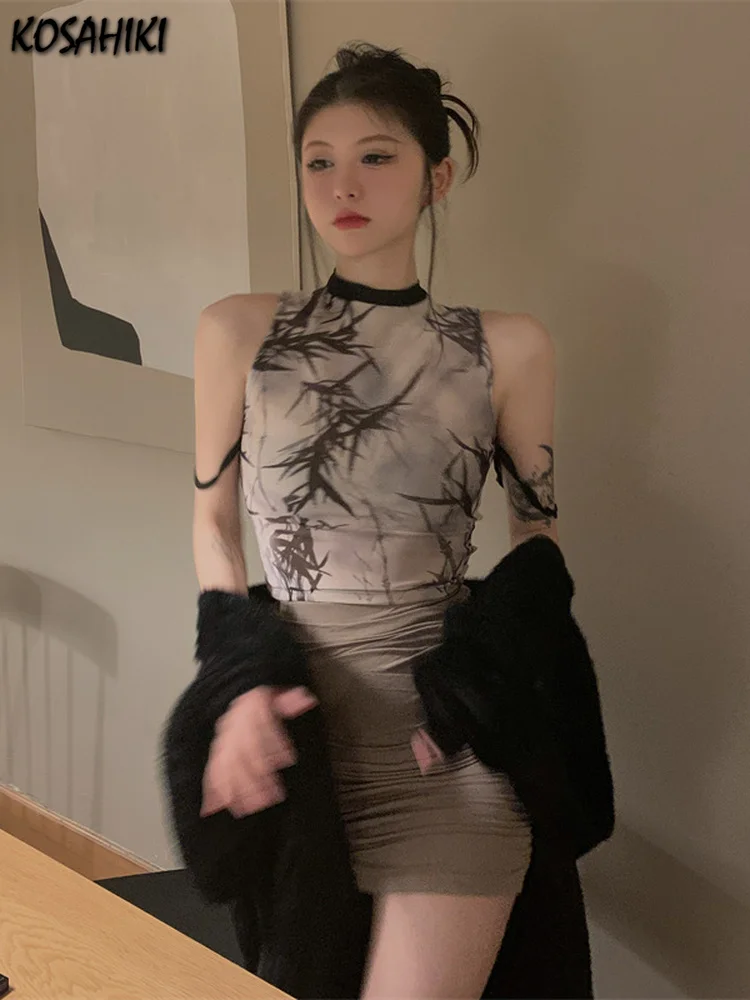 Koshiki прозрачная сетчатая майка с контрастным рисунком укороченный жилет Y2k