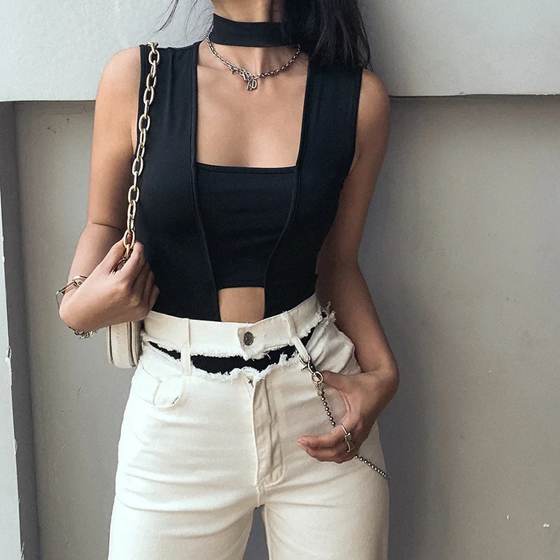 Spring Summer Fashion Sexy Hollow Jumpsuit Women Square Collar Slim Fit Bodysuits Thin Black Solid Rompers Street Wear New 2022