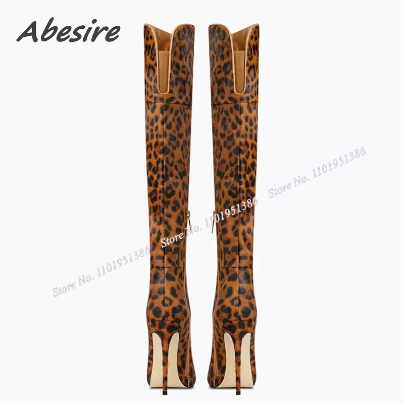 Abesire Over the Knee Leopard Boots Side Zipper Pointed Toe Mixed Color Stiletto Shoes for Women High Heels Zapatillas Mujer