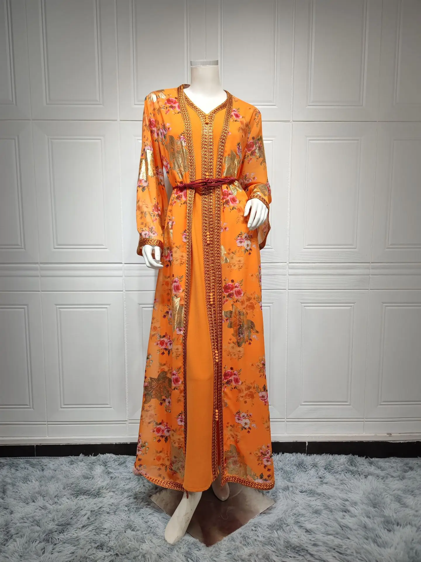 Djellaba Marocaine Two Piece Muslim Dress Chiffon Print Belted Kaftan Ramadan Gown Abayas Islamic Cloth Turkish Women Clothes