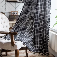 curtains for bedroom black plaid printing japanese style window kitchen curtain cotton linen semi blackout bay window cortina
