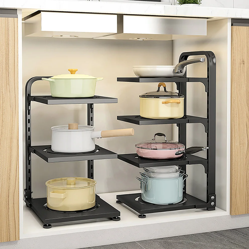 

Under Sink Organizer Corner Frying Pan Holder Cabinet Pan Organizer Storage Rack Adjustable Cookware Stand Kitchen Accessories