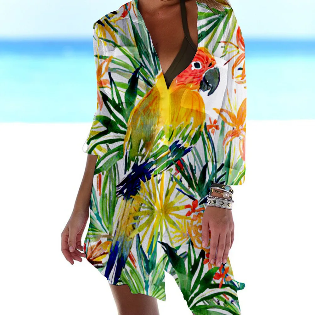 

Spring Sexy V Neck Button Up Office Shirts Bohemian Blusas Femininas Party Blouse Shirt Beach Sunscreen Blouse Summer Women Tops