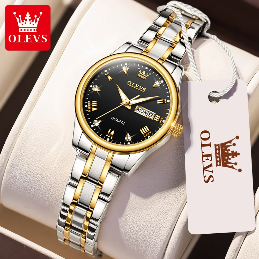 OLEVS New Luxury Brand Casual Fashion Quartz Womens Watches Stainless Steel Strap Waterproof Wear Resistant Band Weekly Calendar