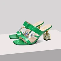 design sense sleeve mouth comfortable womens shoes summer 7cm design sense solid color rhinestone senior green high heels