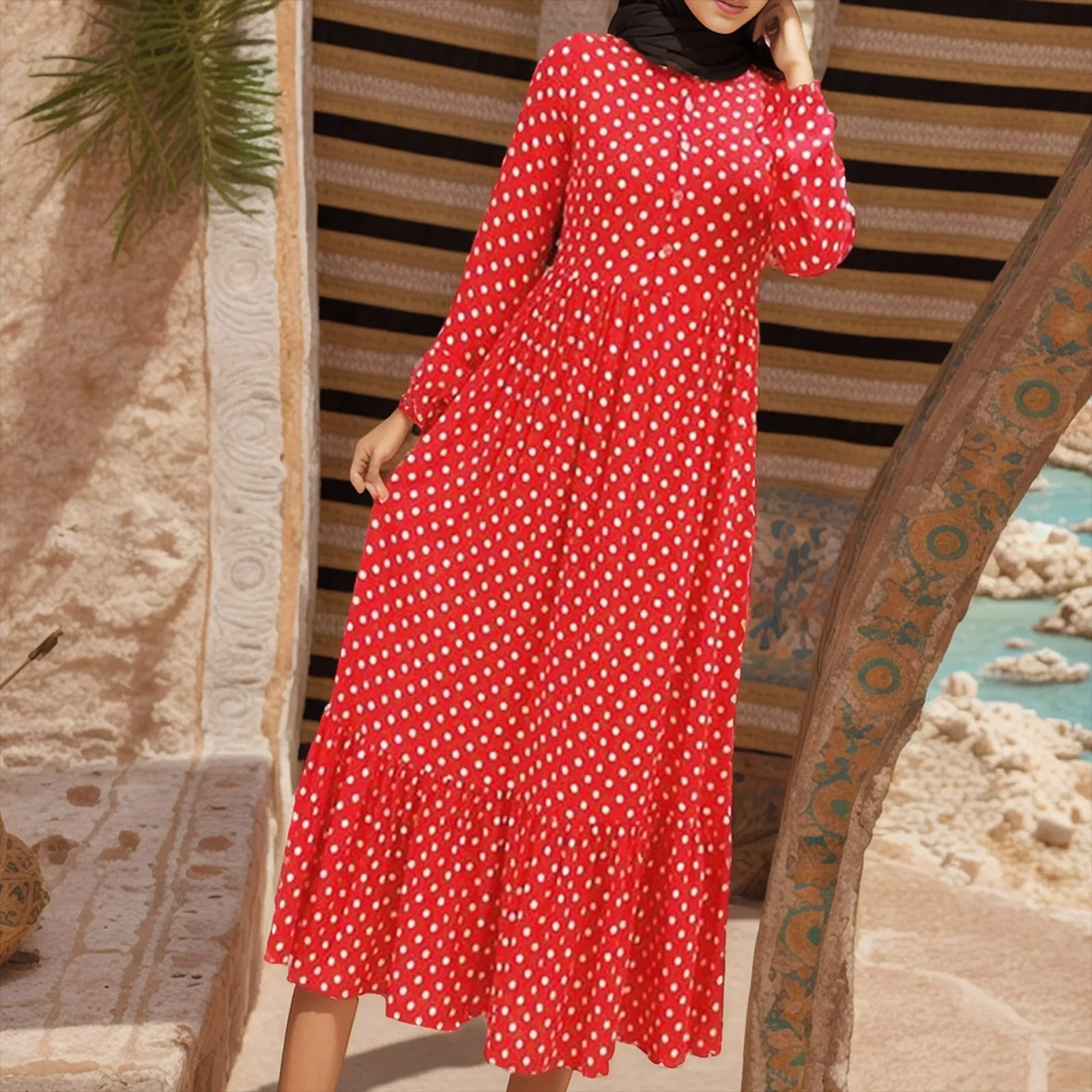 Платье в горошек абайя мусульманская женская скромная Женская одежда